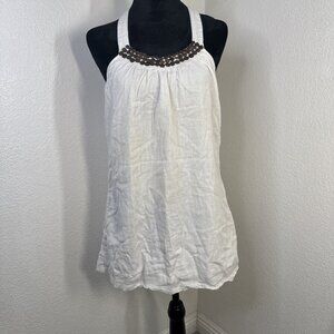 ONeill Womens White Cotton Halter Top With Brown Embellished Neckline Sleeveless